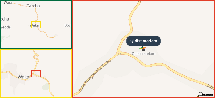 Map showing the address of Qidist mariam in three different zoom levels.