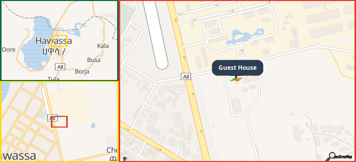 Map showing the address of Guest House in three different zoom levels.