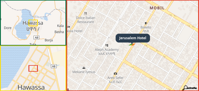 Map showing the address of Jerusalem Hotel in three different zoom levels.