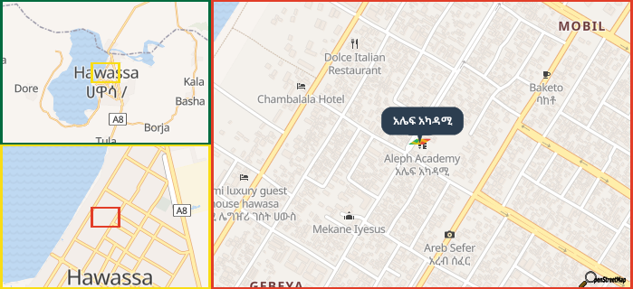 Map showing the address of አሌፍ አካዳሚ in three different zoom levels.