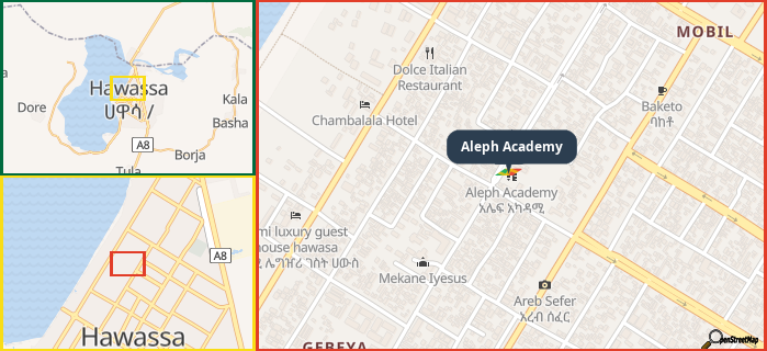 Map showing the address of Aleph Academy in three different zoom levels.