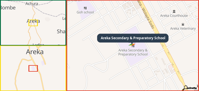 Map showing the address of Areka Secondary & Preparatory School in three different zoom levels.