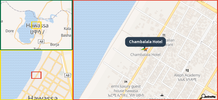 Map showing the address of Chambalala Hotel in three different zoom levels.