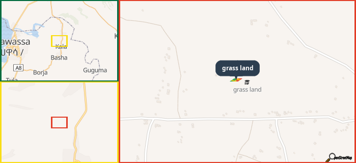 Map showing the address of grass land in three different zoom levels.
