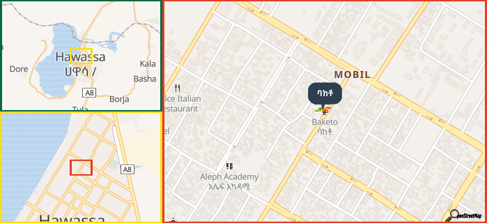 Map showing the address of ባከቶ in three different zoom levels.
