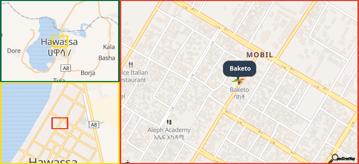 Map showing the address of Baketo in three different zoom levels.