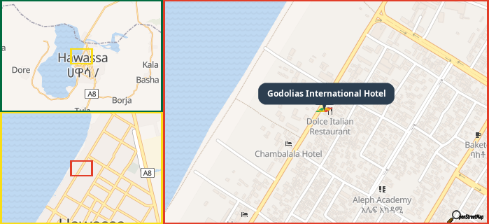 Map showing the address of Godolias International Hotel in three different zoom levels.
