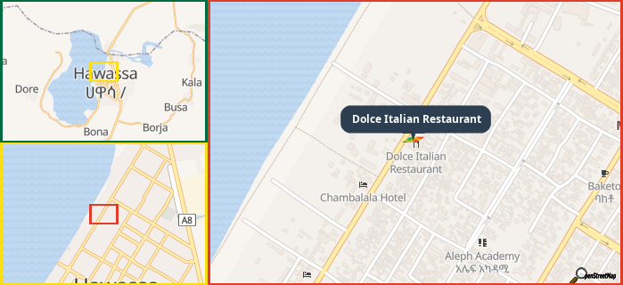 Map showing the address of Dolce Italian Restaurant in three different zoom levels.