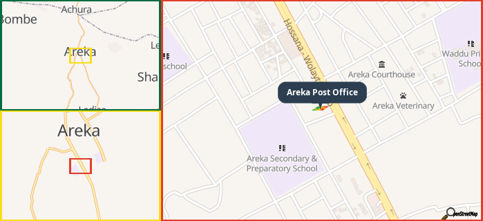 Map showing the address of Areka Post Office in three different zoom levels.