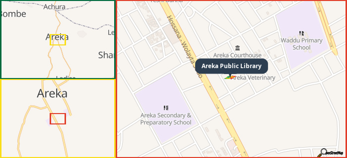 Map showing the address of Areka Public Library in three different zoom levels.