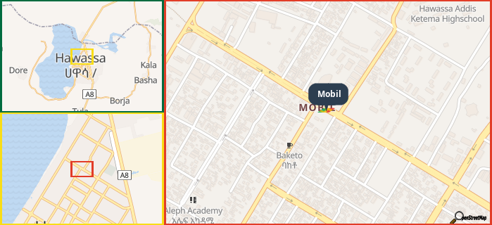 Map showing the address of Mobil in three different zoom levels.
