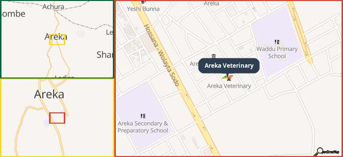 Map showing the address of Areka Veterinary in three different zoom levels.