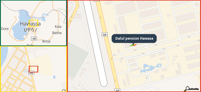 Map showing the address of Dalul pension Hawasa in three different zoom levels.