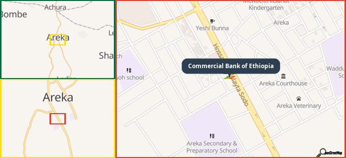 Map showing the address of Commercial Bank of Ethiopia in three different zoom levels.
