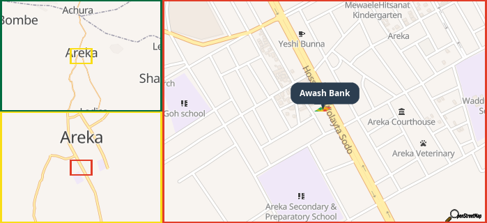 Map showing the address of Awash Bank in three different zoom levels.