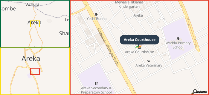 Map showing the address of Areka Courthouse in three different zoom levels.