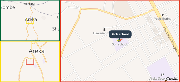 Map showing the address of Goh school in three different zoom levels.