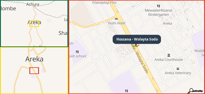 Map showing the address of Hossana - Wolayta Sodo in three different zoom levels.