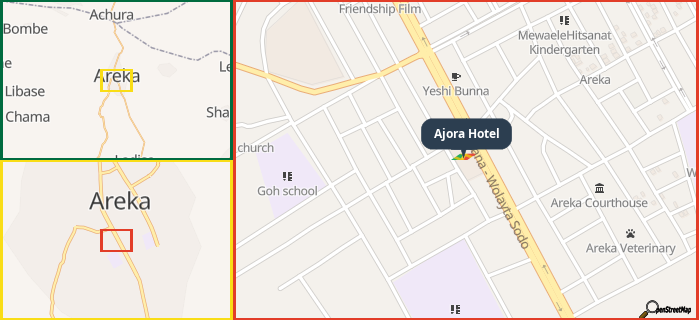 Map showing the address of Ajora Hotel in three different zoom levels.