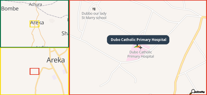 Map showing the address of Dubo Catholic Primary Hospital in three different zoom levels.