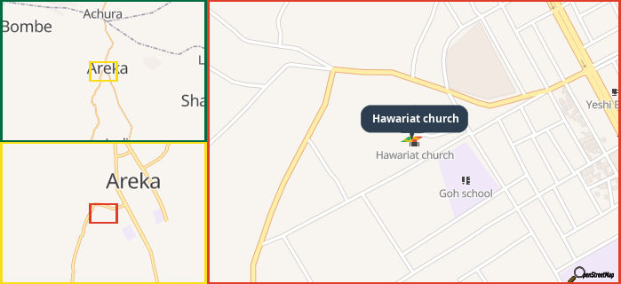 Map showing the address of Hawariat church in three different zoom levels.