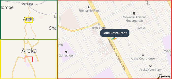 Map showing the address of Miki Restaurant in three different zoom levels.