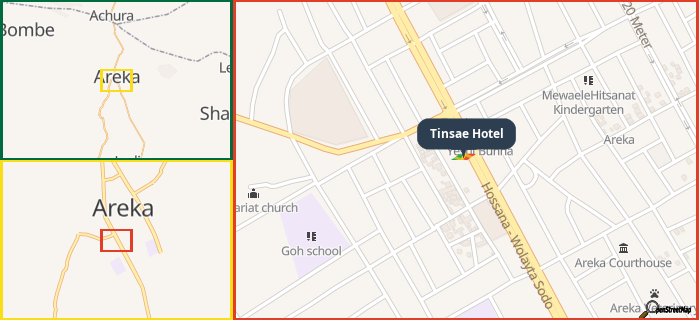 Map showing the address of Tinsae Hotel in three different zoom levels.