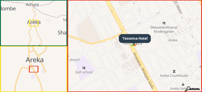 Map showing the address of Tessema Hotel in three different zoom levels.
