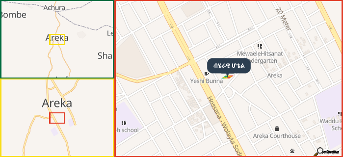 Map showing the address of ብሄራዊ ሆቴል in three different zoom levels.
