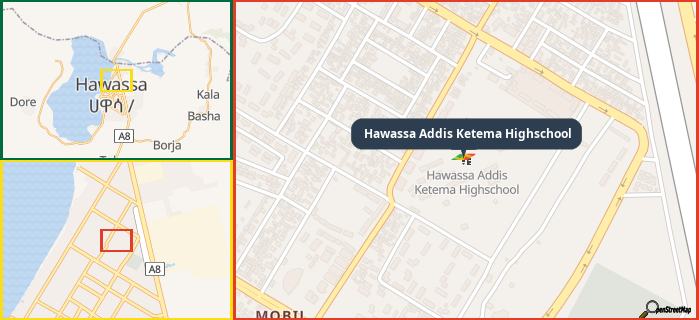 Map showing the address of Hawassa Addis Ketema Highschool in three different zoom levels.