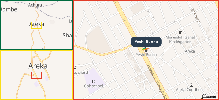 Map showing the address of Yeshi Bunna in three different zoom levels.