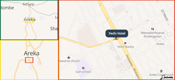 Map showing the address of Yeshi Hotel in three different zoom levels.