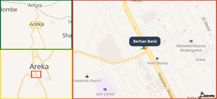 Map showing the address of Berhan Bank in three different zoom levels.