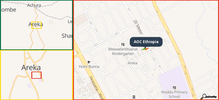 Map showing the address of AOC Ethiopia in three different zoom levels.