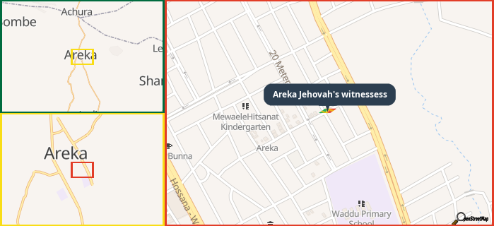 Map showing the address of Areka Jehovah's witnessess in three different zoom levels.