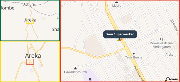 Map showing the address of Sani Supermarket in three different zoom levels.