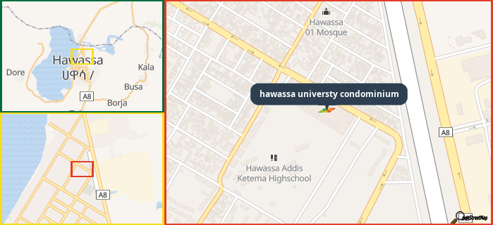 Map showing the address of hawassa universty condominium in three different zoom levels.