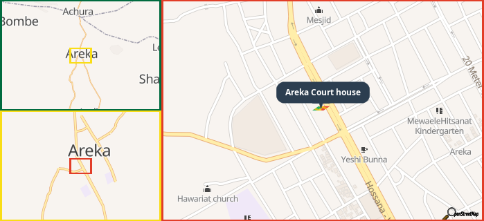 Map showing the address of Areka Court house in three different zoom levels.