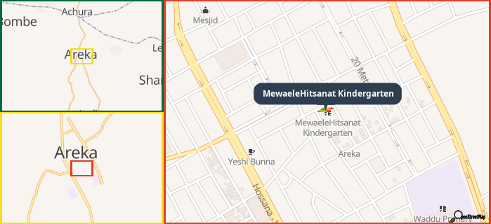 Map showing the address of MewaeleHitsanat Kindergarten in three different zoom levels.