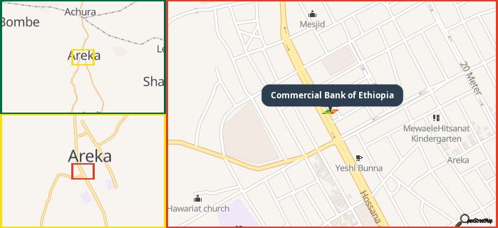 Map showing the address of Commercial Bank of Ethiopia in three different zoom levels.