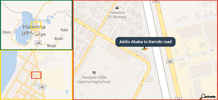 Map showing the address of Addis Ababa to Nairobi road in three different zoom levels.