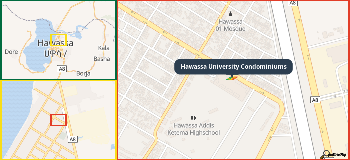 Map showing the address of Hawassa University Condominiums in three different zoom levels.