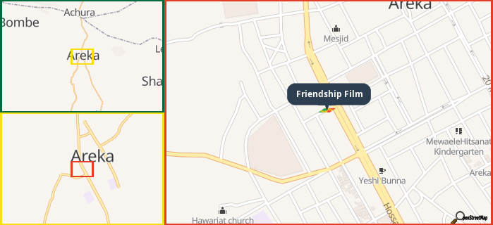 Map showing the address of Friendship Film in three different zoom levels.