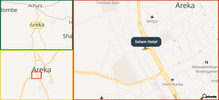 Map showing the address of Selam Hotel in three different zoom levels.