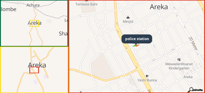 Map showing the address of police station in three different zoom levels.