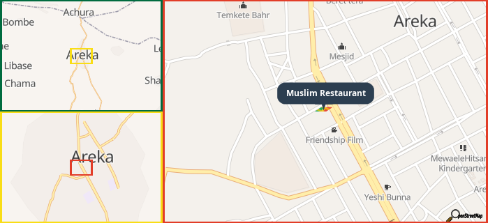 Map showing the address of Muslim Restaurant in three different zoom levels.