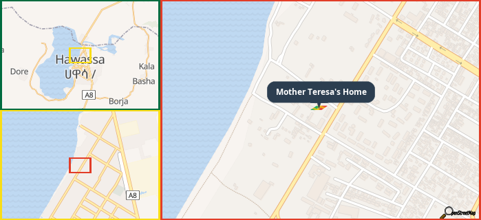 Map showing the address of Mother Teresa's Home in three different zoom levels.