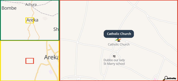Map showing the address of Catholic Church in three different zoom levels.