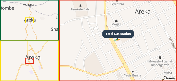 Map showing the address of Totol Gas station in three different zoom levels.