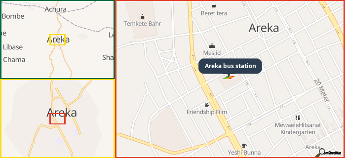 Map showing the address of Areka bus station in three different zoom levels.